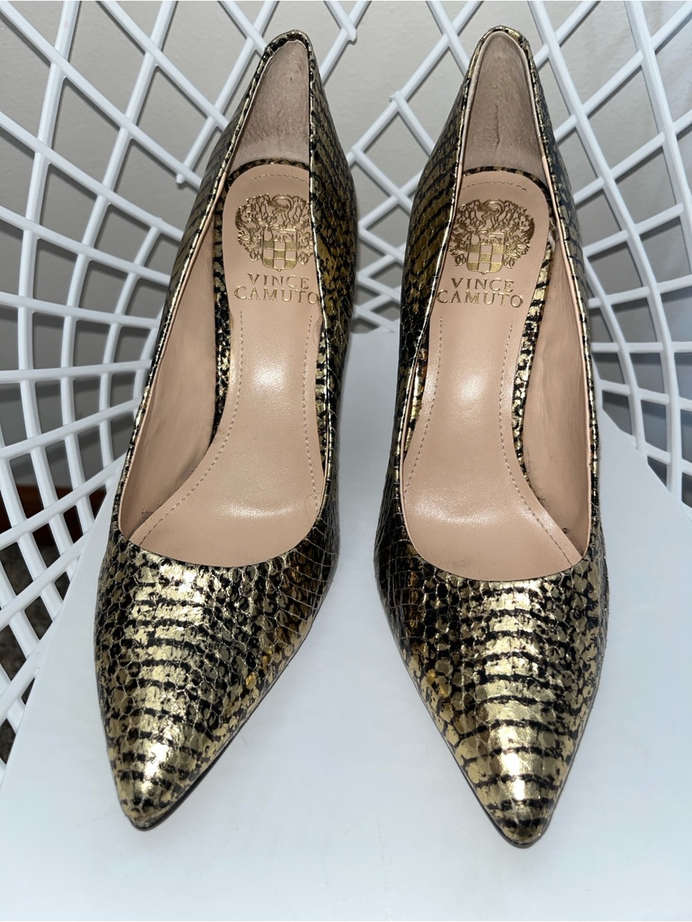 Vince Camuto Metallic Gold Snake-Embossed Pointed Toe Pumps
